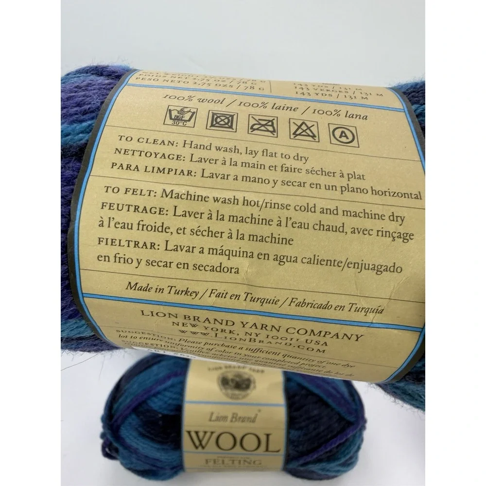 Lion Brand 100% Wool Felting Ocean Blue 78g/143yd Medium Worsted Lot Of 5